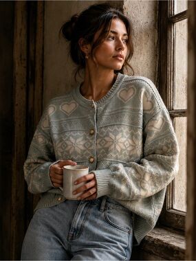 Grace Collection Vintage Style Heart Nordic Cardigan Sweater L